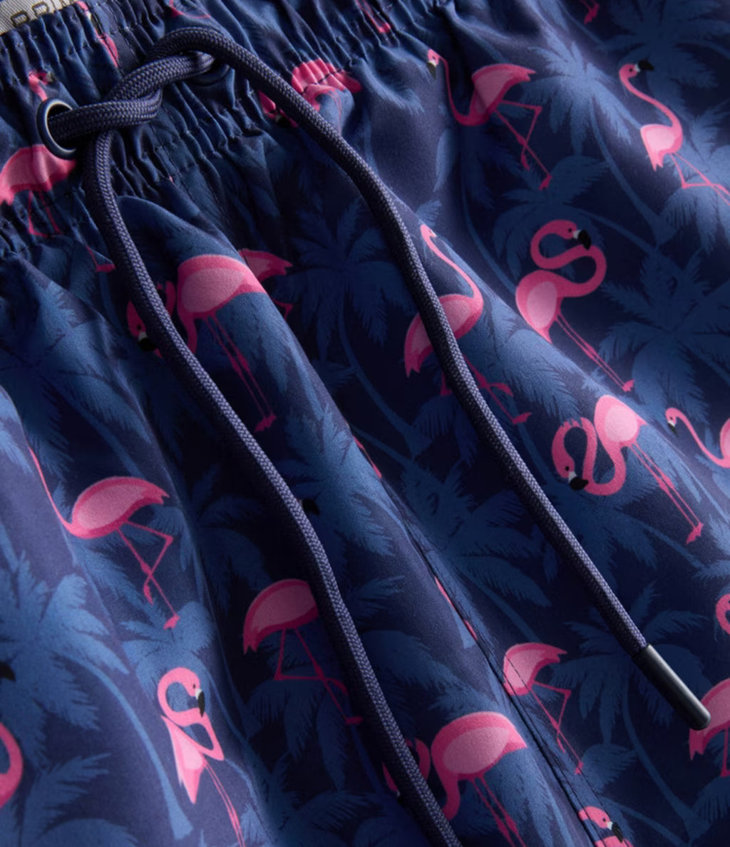 A pair of swimming shorts with flamingo palm design, mesh inner, and drawstring waistline