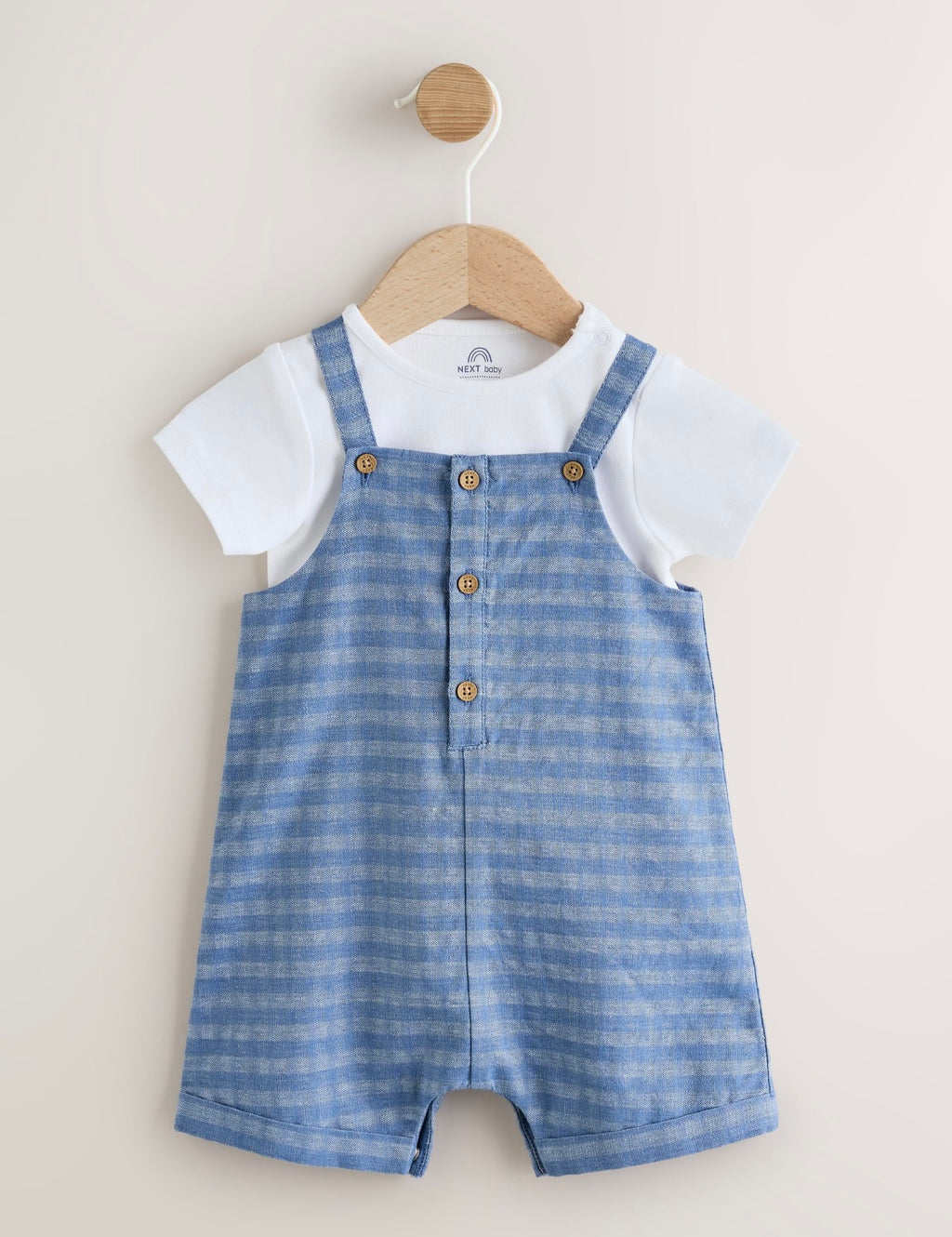 Blue Check Woven Dungaree and Bodysuit Set