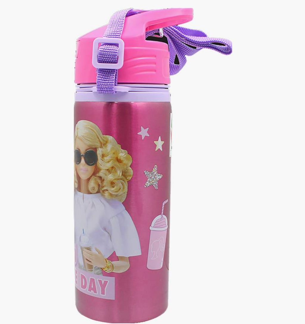 Barbie Printed Pop-Up Stainless Steel Water Bottle with Straw - 600 ml