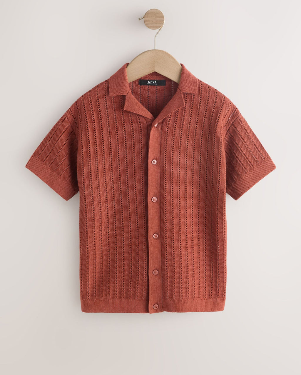 Rust Brown Textured Revere Collar Knitted Polo Shirt
