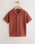 Rust Brown Textured Revere Collar Knitted Polo Shirt
