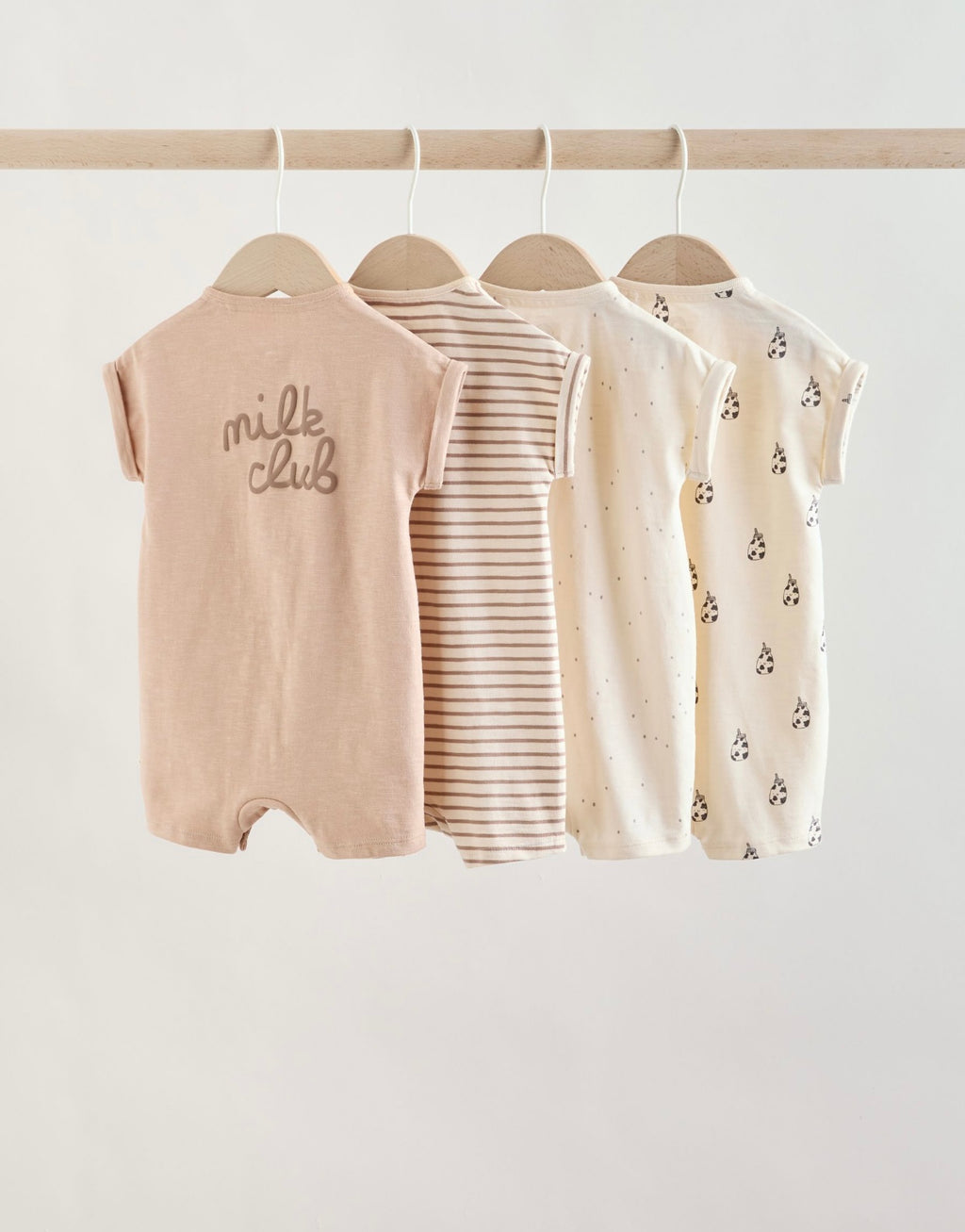 Neutral "Milk Club" Embroidered Baby Jersey Rompers 4 Pack
