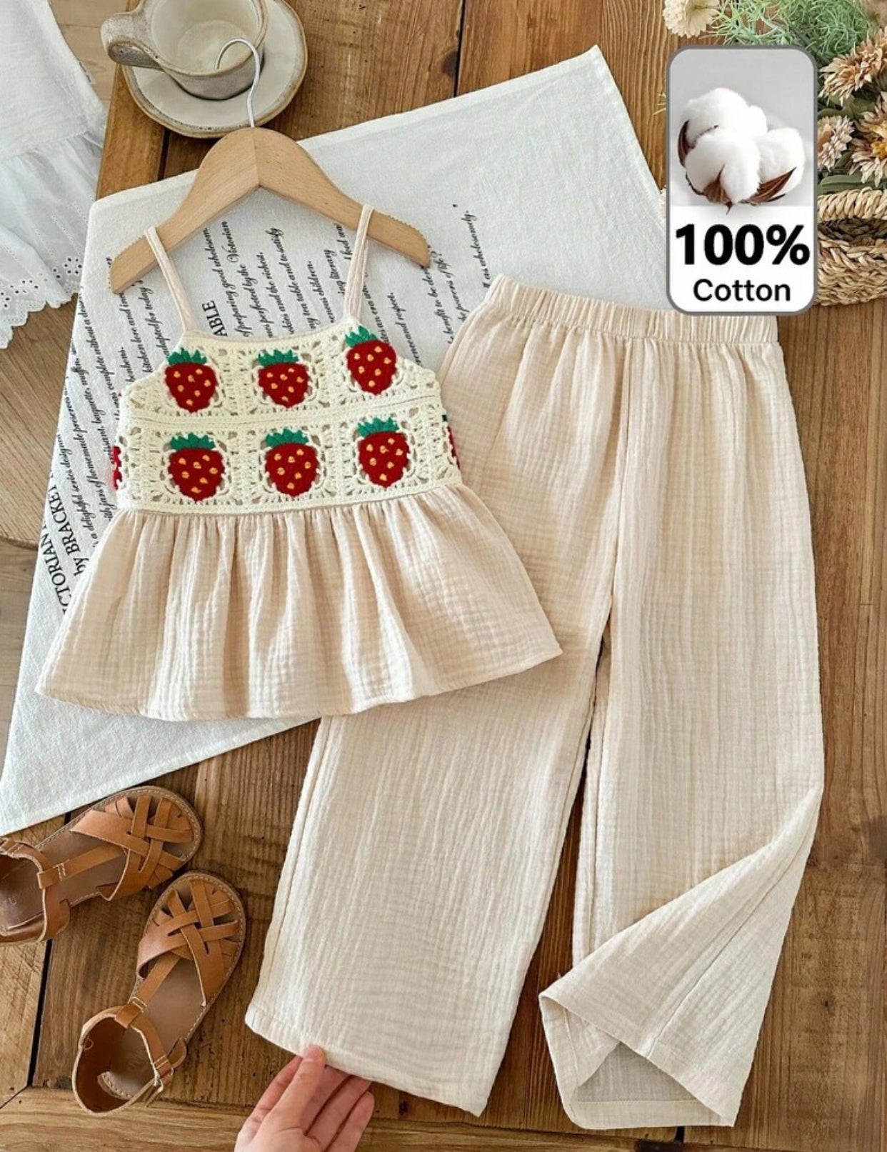 2pcs Young Girl Strawberry Camisole Top And Long Pants Set