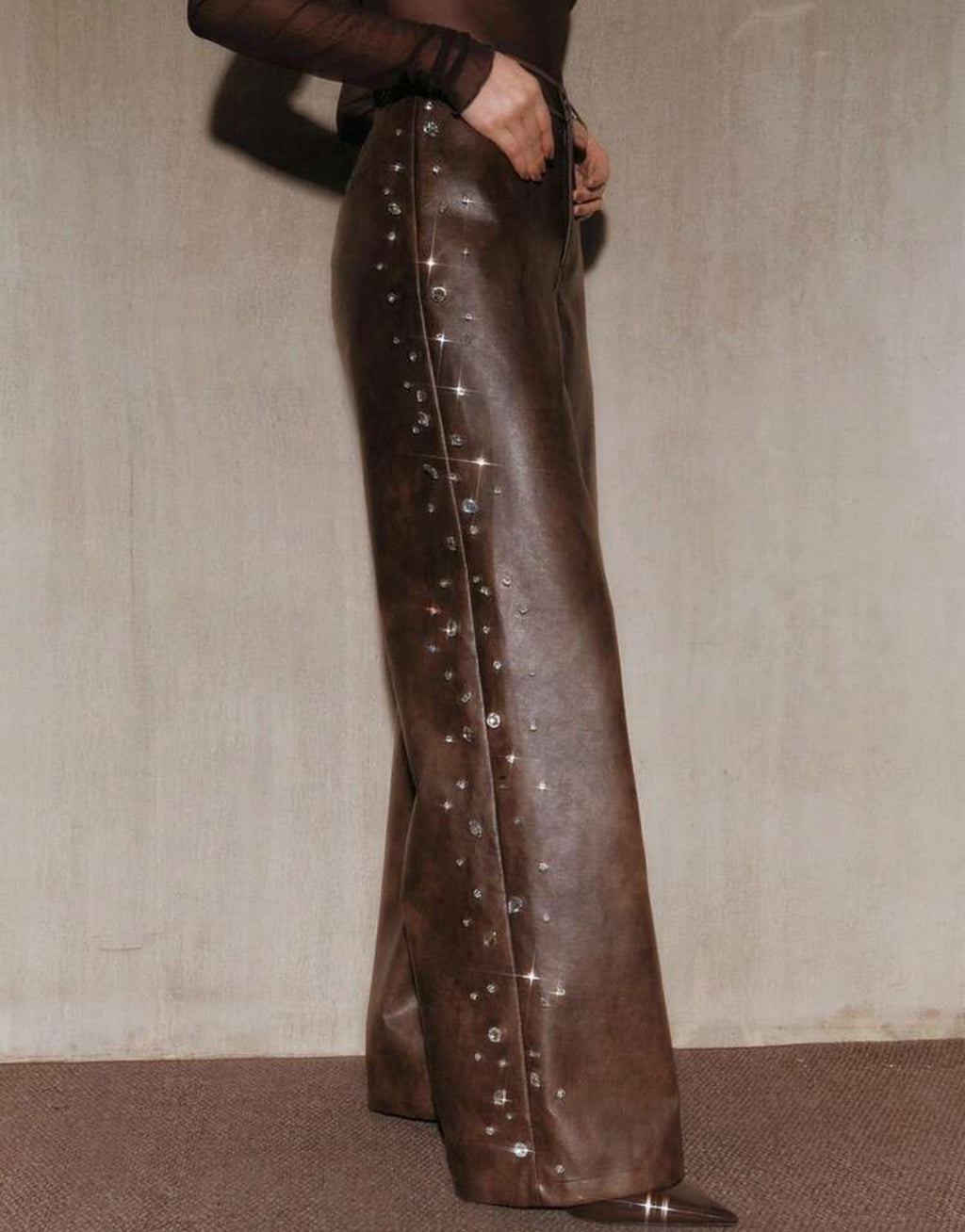 Anewsta Women's Brown Rhinestone Distressed PU Leather Straight Leg Pants
