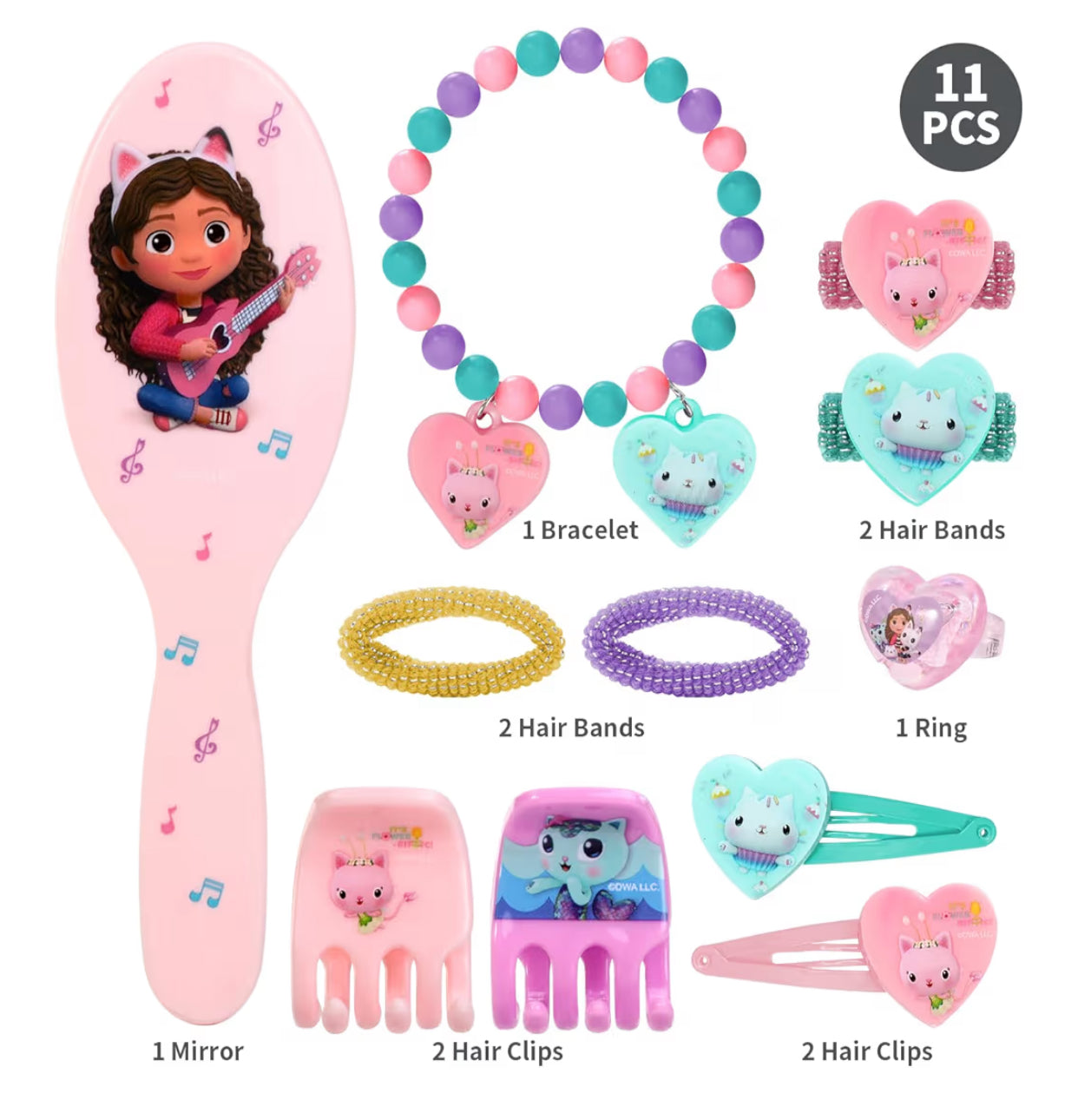 Gabby's Dollhouse 11pcs Girls Kids Hair Accessories Clips Comb Bands and Beauty Set