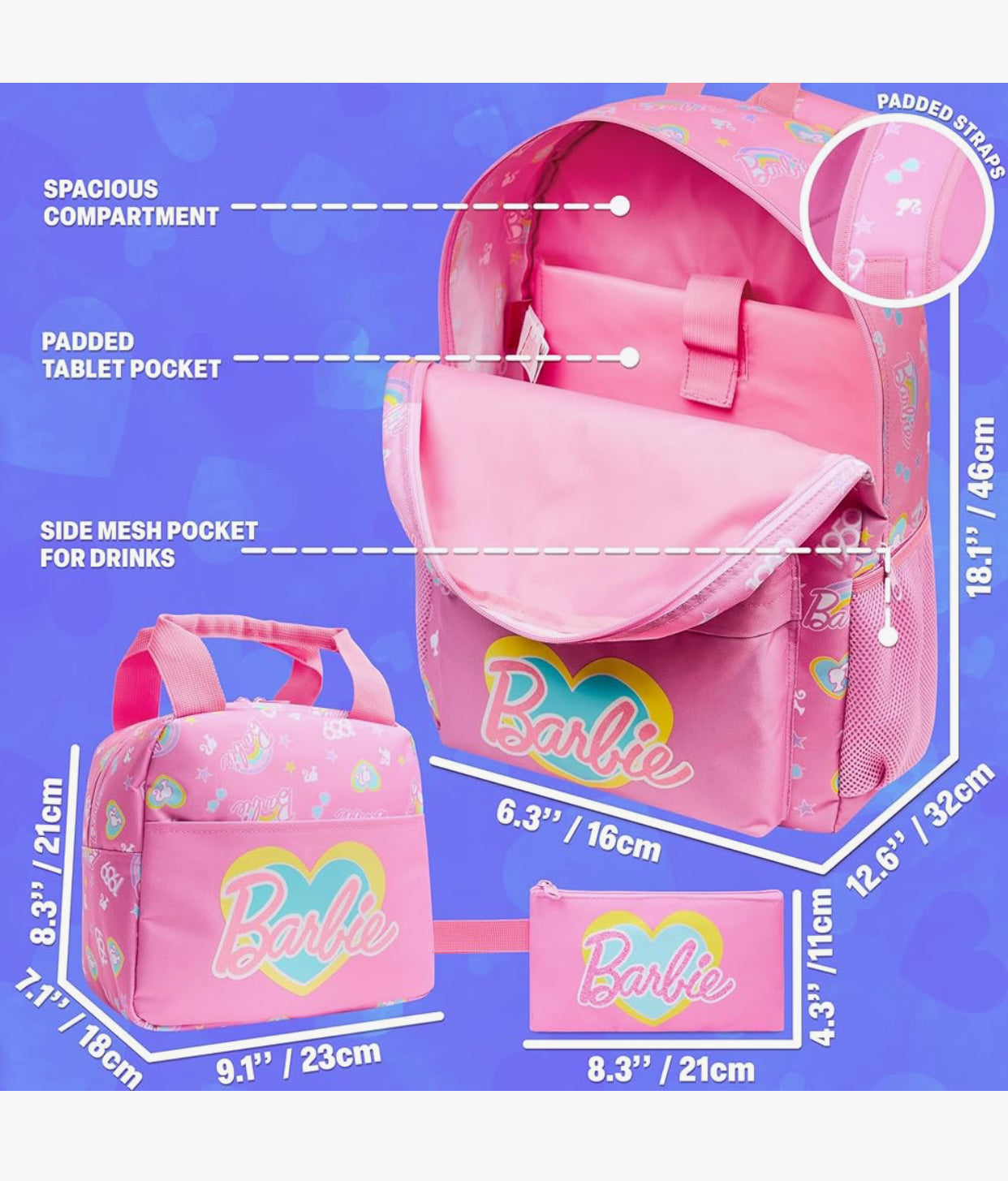 Barbie Print School Backpack Set 16 inch