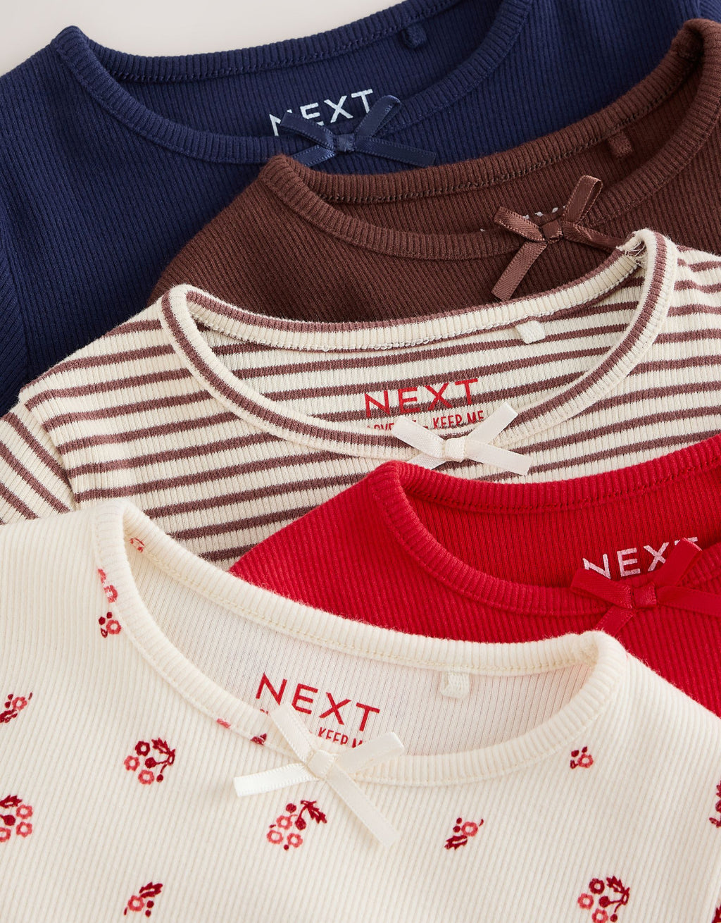 Red/Brown/Navy Long Sleeve Ribbed Tops 5 Pack