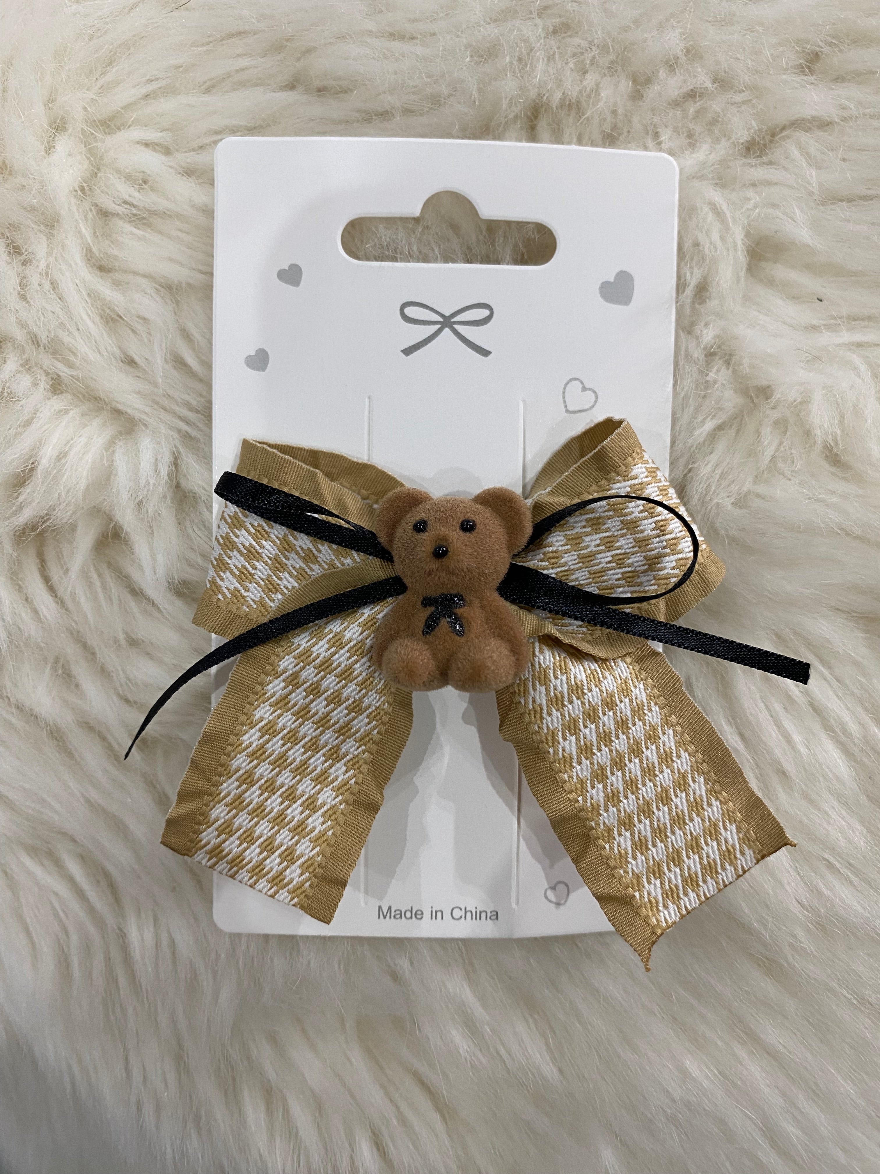 Khaki plaid bow bear hair clip