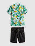 A printed short sleeve shirt and drawstring-detail shorts clothing set
