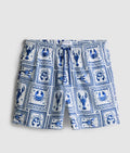 A pair of swimming shorts with a textured finish, drawstring, and mesh lining
