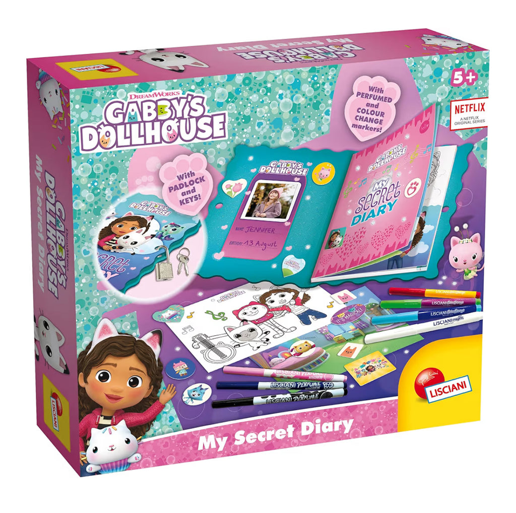 GABBY'S DOLLHOUSE My Secret Diary - Diary with Padlock and Keys Scented Felt Pens, Stickers & Gems Included