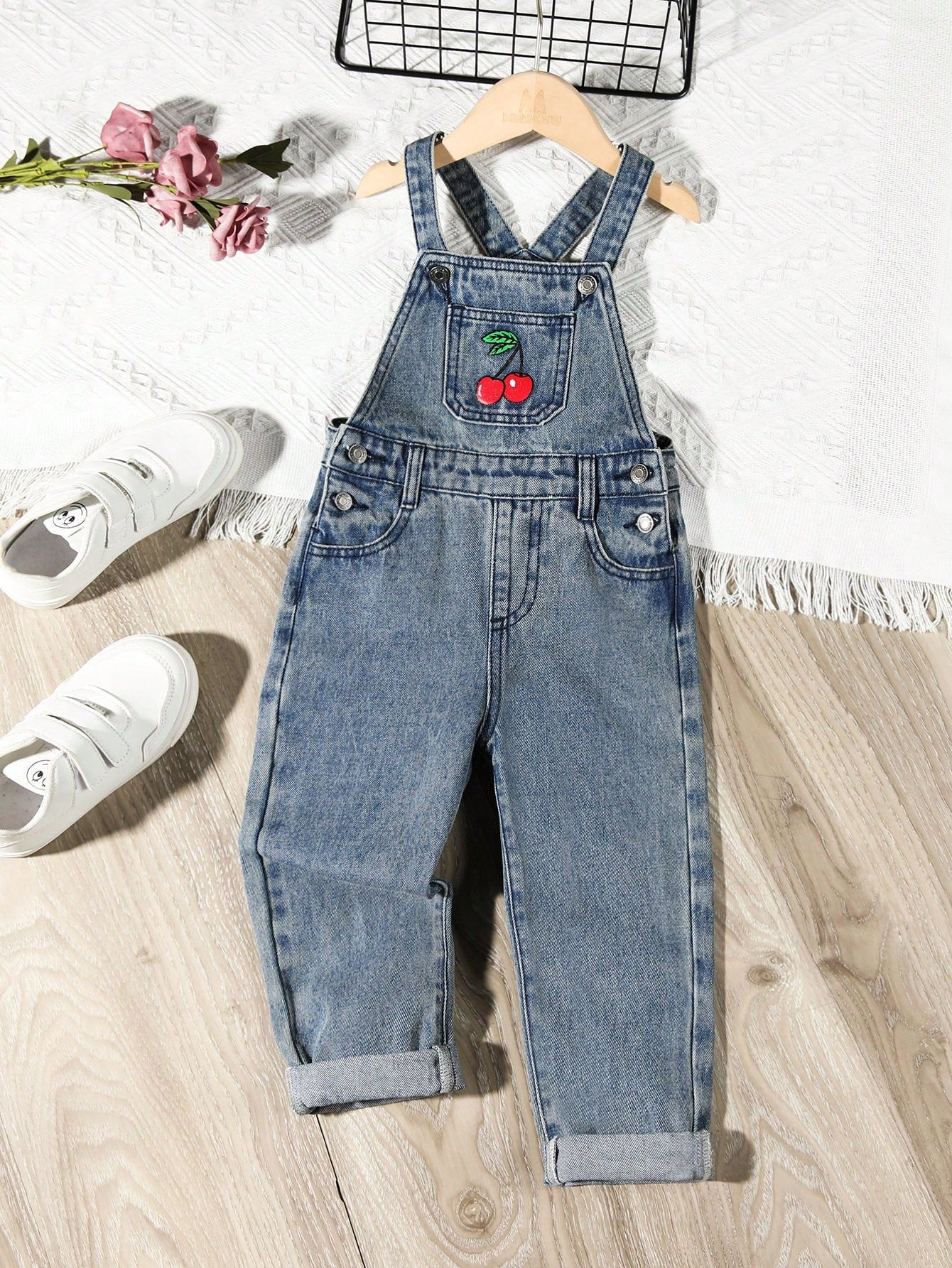 Girl Cherry Denim Dungaree