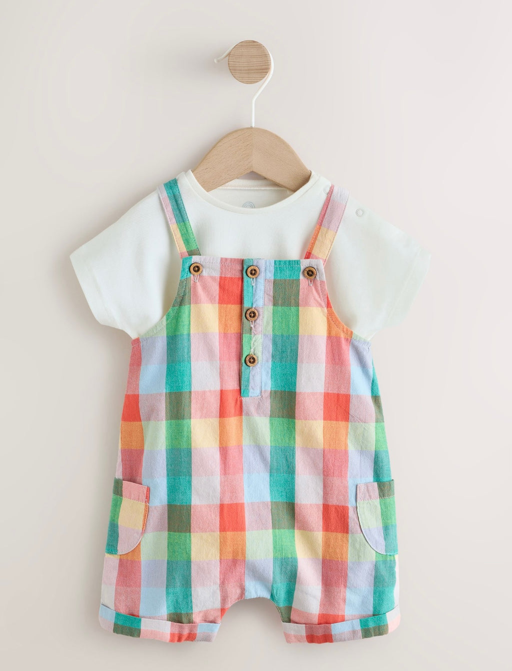 Bright Multi Colour Check Woven Dungaree and Bodysuit Set