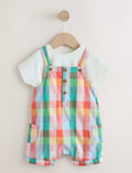 Bright Multi Colour Check Woven Dungaree and Bodysuit Set