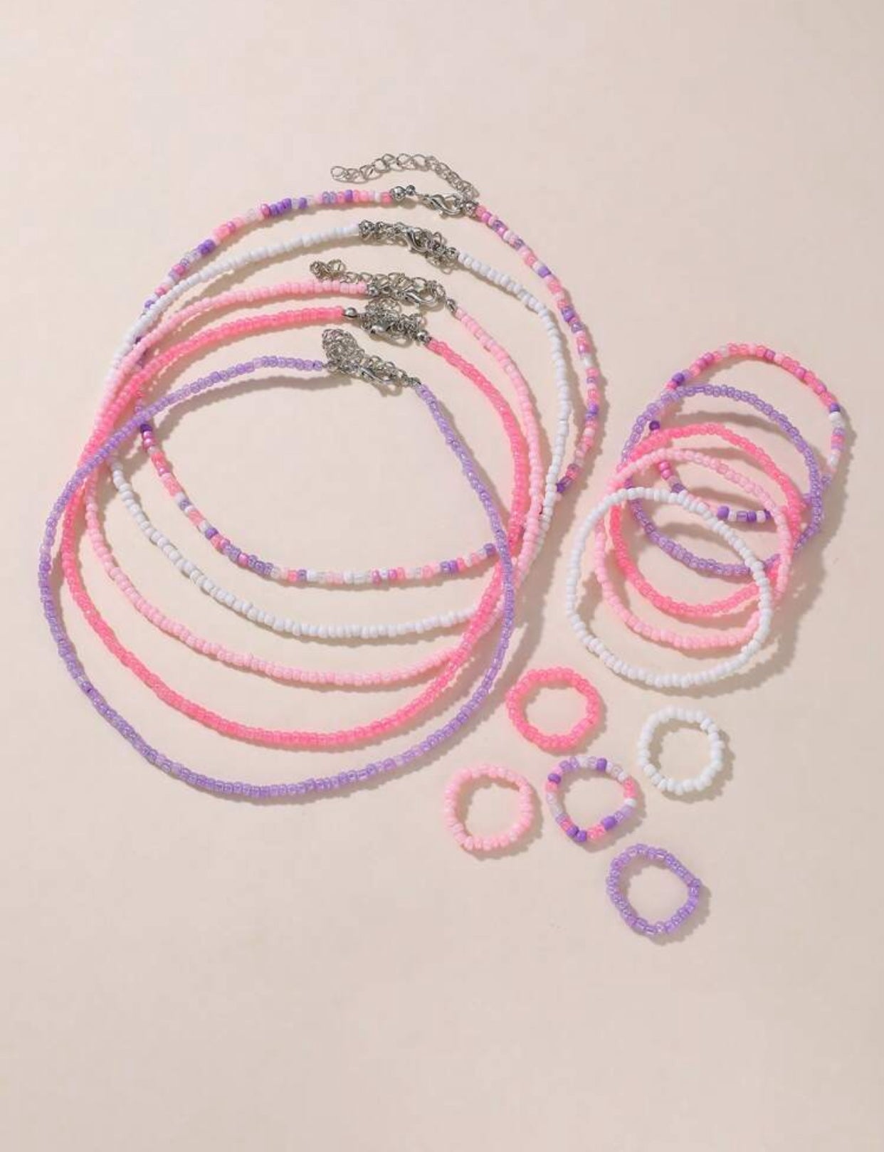 15pcs/Set Colorful Mixed Bead Necklace Bracelet Ring Jewelry Set (immediate)
