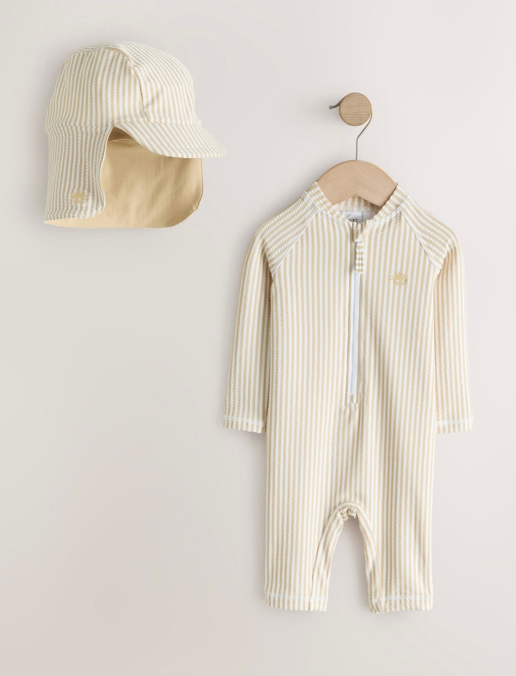 Neutral Striped Sunsafe Swimsuit and Hat Set