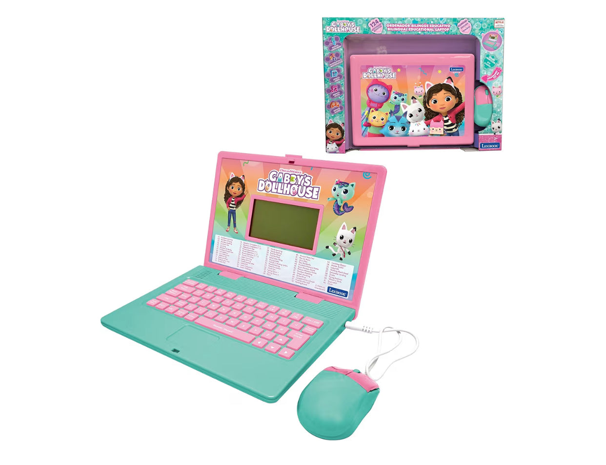 LEXIBOOK, Gabby's Dollhouse, Bilingual ENGLISH/SPANISH Educational computer, Toy for children with 124 language, writing, maths, logic, music activities and games
