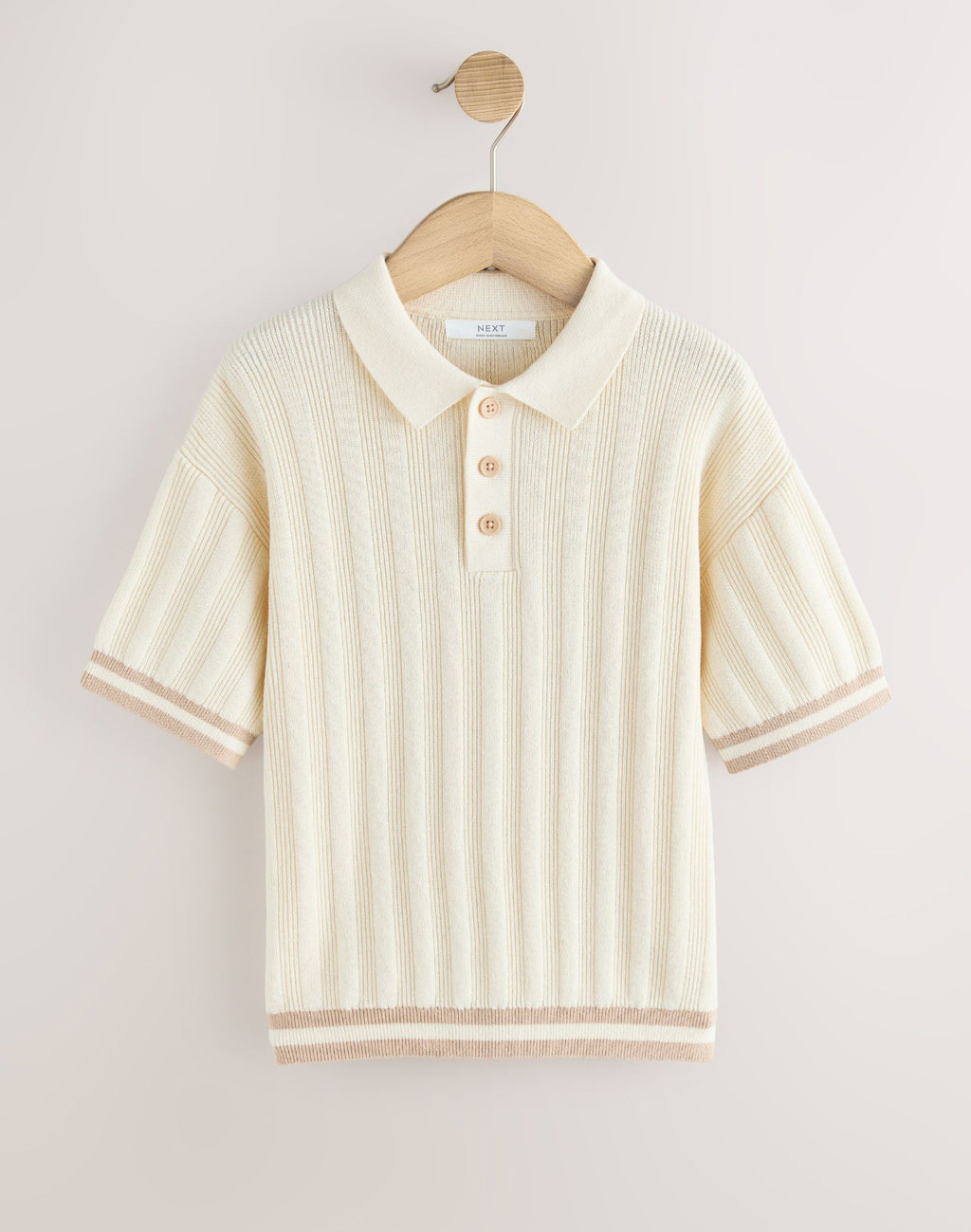 Ecru Button Neck Knitted Polo Shirt