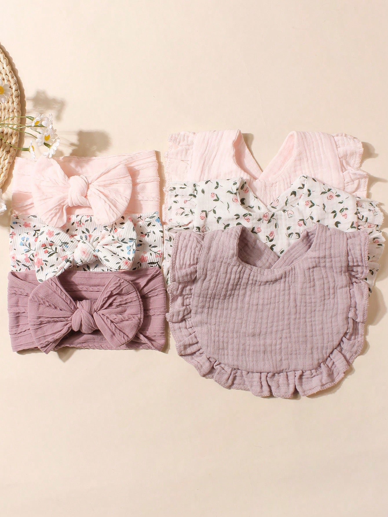 3pcs Soft & Stretchy Baby Headbands Set & Bibs Set (immediate)