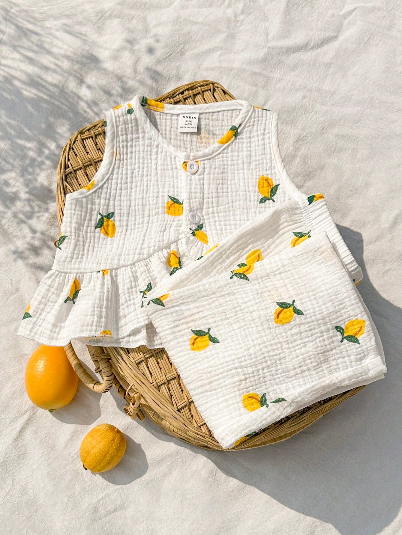 Baby Girls Lemon Print Chiffon Ruffle Hem Camisole & Print Pants