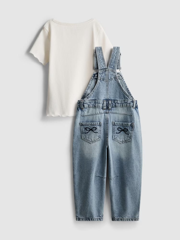 Ribbed T-Shirt and Barrel Leg Denim Dungarees Set