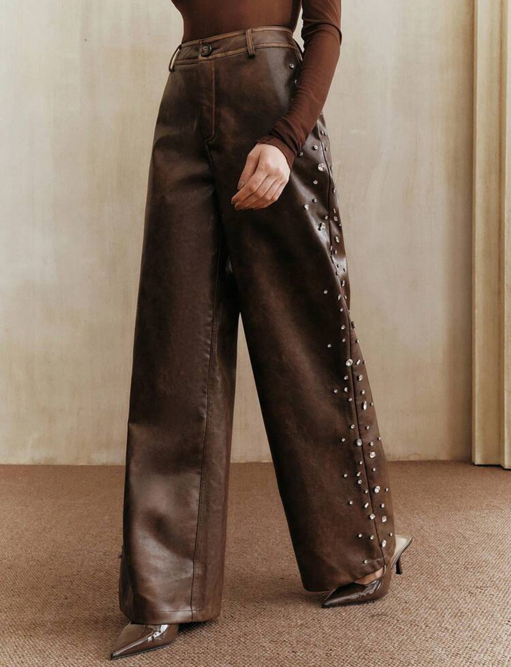 Anewsta Women's Brown Rhinestone Distressed PU Leather Straight Leg Pants