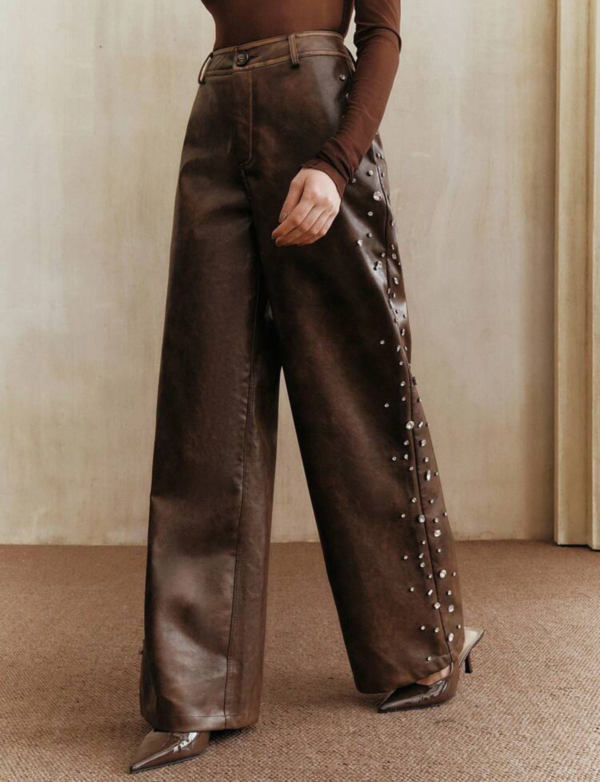 Anewsta Women's Brown Rhinestone Distressed PU Leather Straight Leg Pants