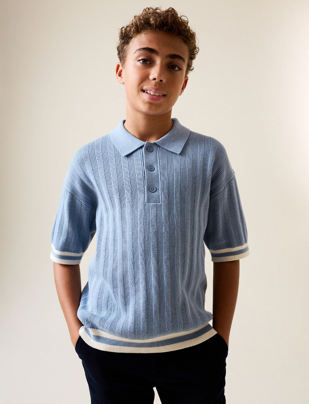 Blue Button Neck Knitted Polo Shirt
