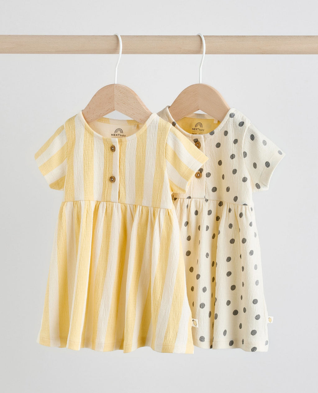 Yellow/Cream Spot/Stripe Baby Short Sleeve Dresse 2 Pack