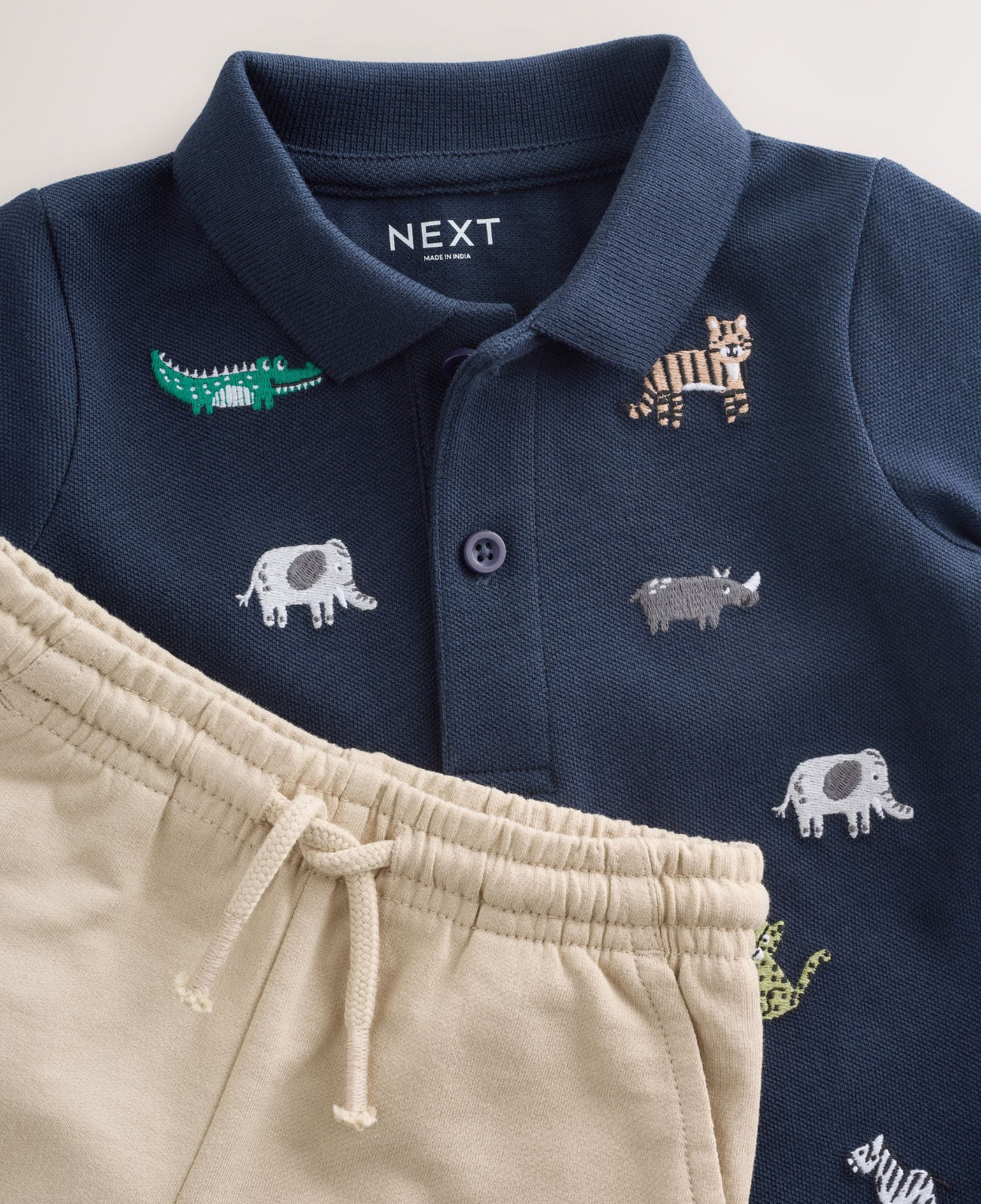 Navy All Over Embroidery Safari Animals Short Sleeve Polo Shirt and Shorts Set