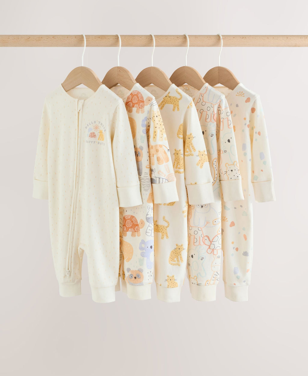 Cream Safari Two Way Zip Baby Sleepsuits 5 Pack