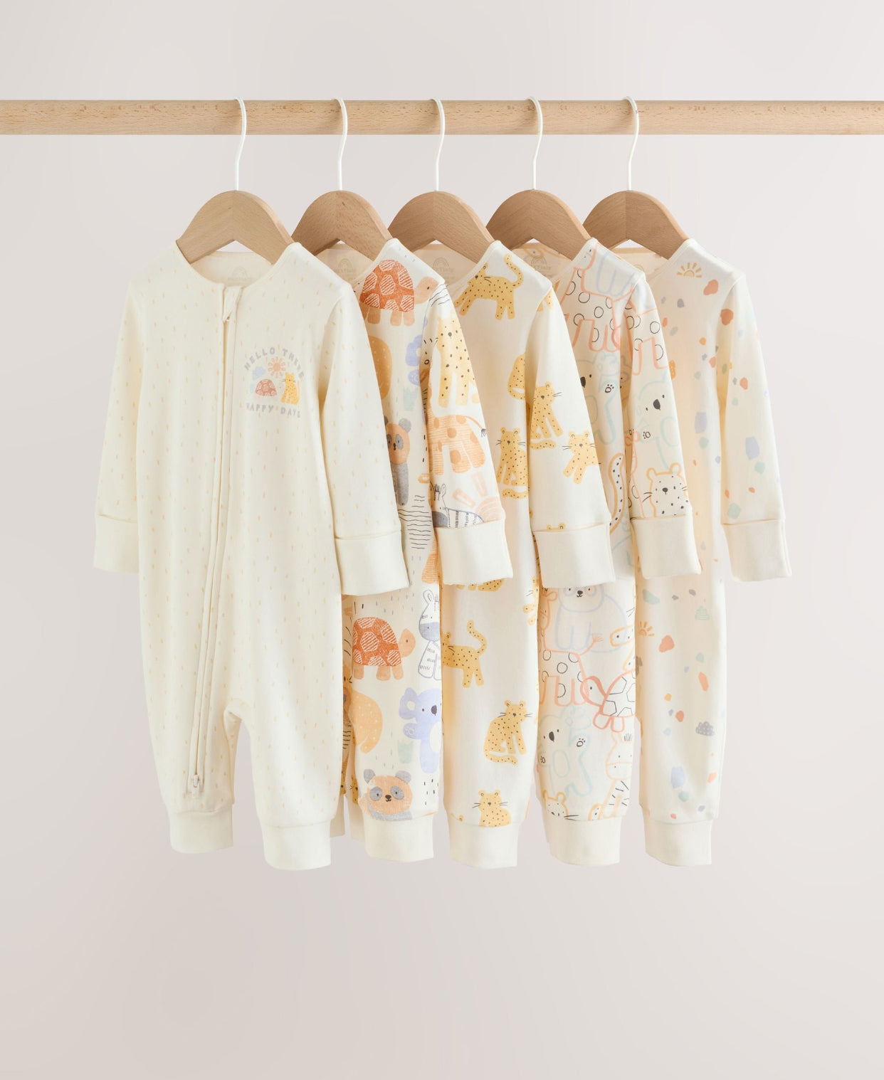 Cream Safari Two Way Zip Baby Sleepsuits 5 Pack