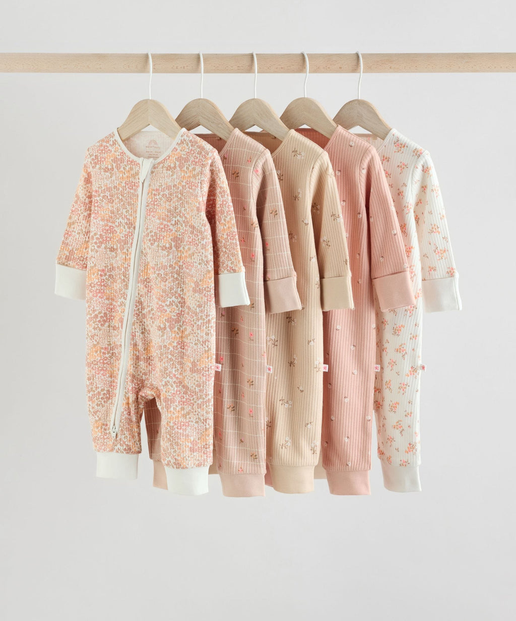 Neutral 5 Pack Two Way Zip Baby Sleepsuits