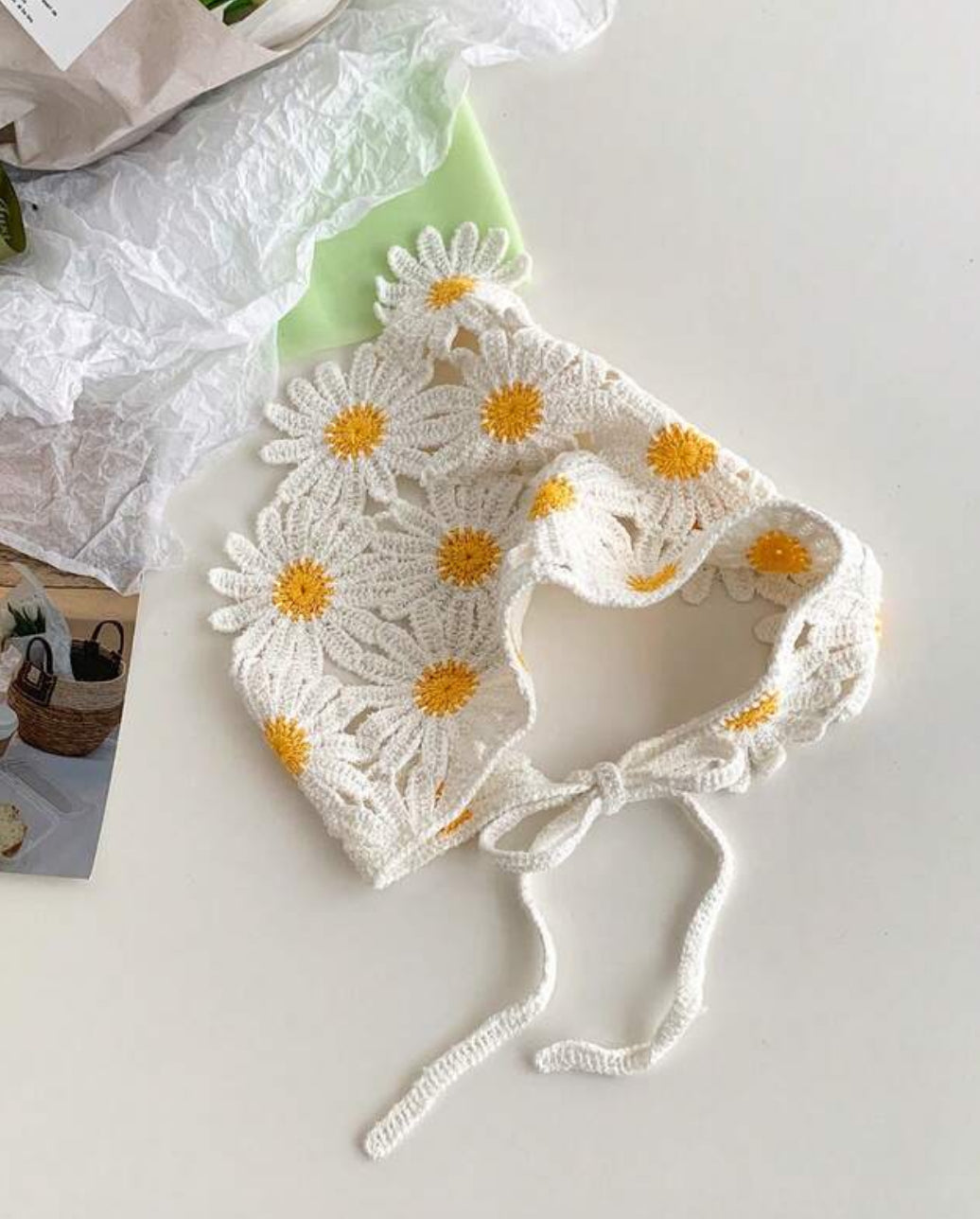 1pc White Diasy Knitted Triangle Scarf Headband