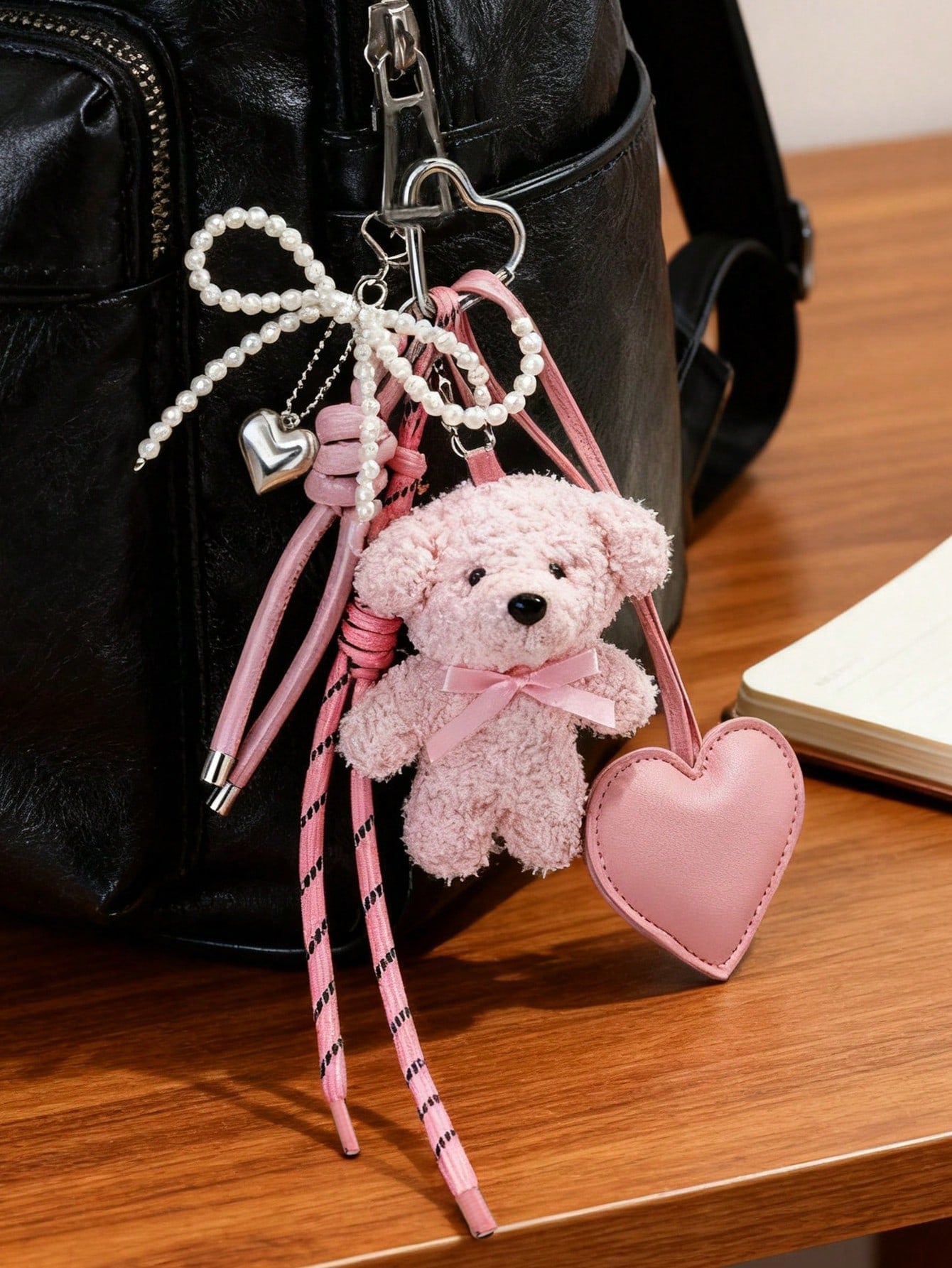 1pc Pink Bear Silvery Bead Bow Bag Charm