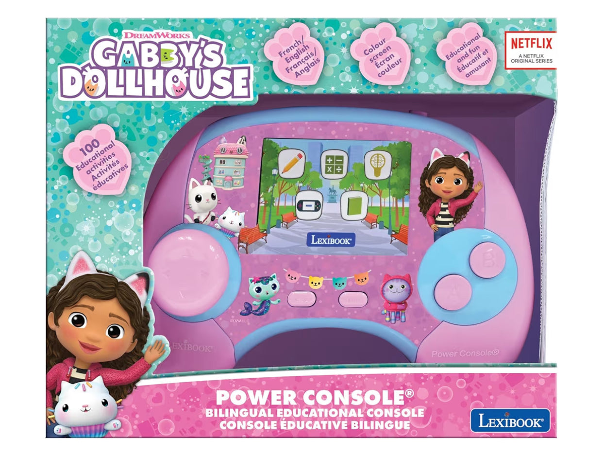 Lexibook, Gabby's Dollhouse, Power Console®, Bilingual ENGLISH/FRENCH educational games console with 100 activities, Colour screen