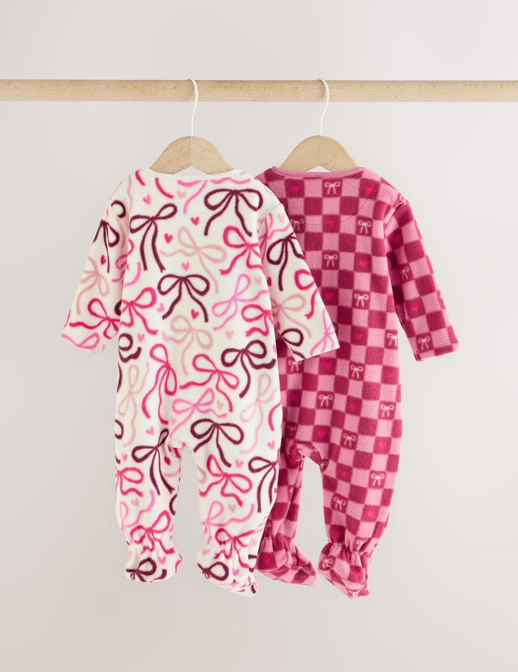 Pink/Red Bow Micro Fleece Two Way Zip Baby Sleepsuits 2 Pack