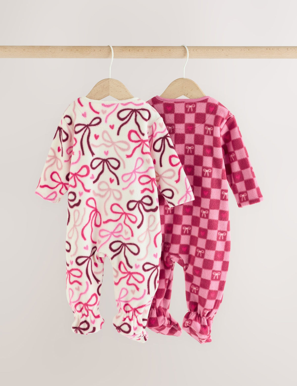 Pink/Red Bow Micro Fleece Two Way Zip Baby Sleepsuits 2 Pack
