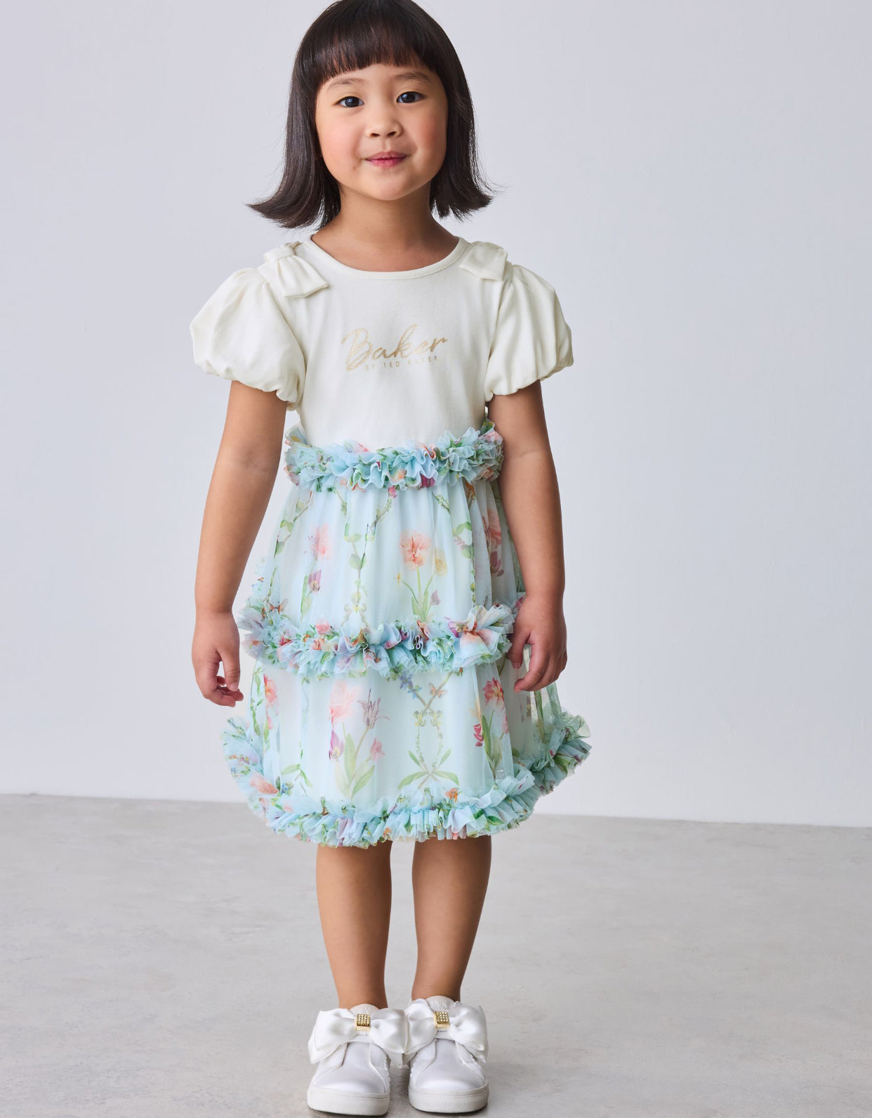Baker by Ted Baker Floral Ruffle Mesh Mockable Blue Dress