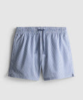 A pair of striped seersucker swimming shorts with a drawstring waistline, pockets, and mesh lining.