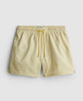 A pair of striped seersucker swimming shorts with a drawstring waistline, pockets, and mesh lining.