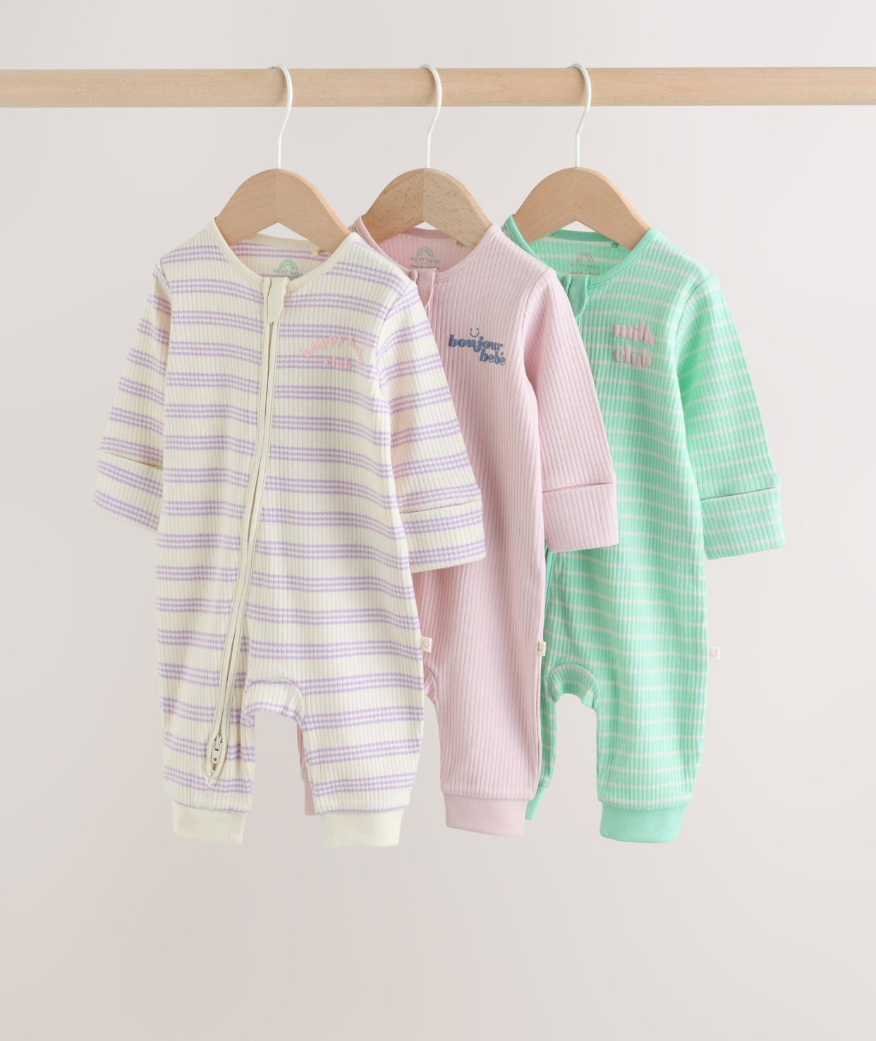 Lilac Purple Milk Club Two Way Zip Baby Sleepsuits 3 Pack