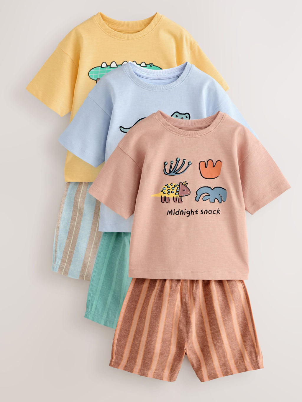 Blue/Yellow/Pink Striped Animal Short
Pyjamas 3 Pack