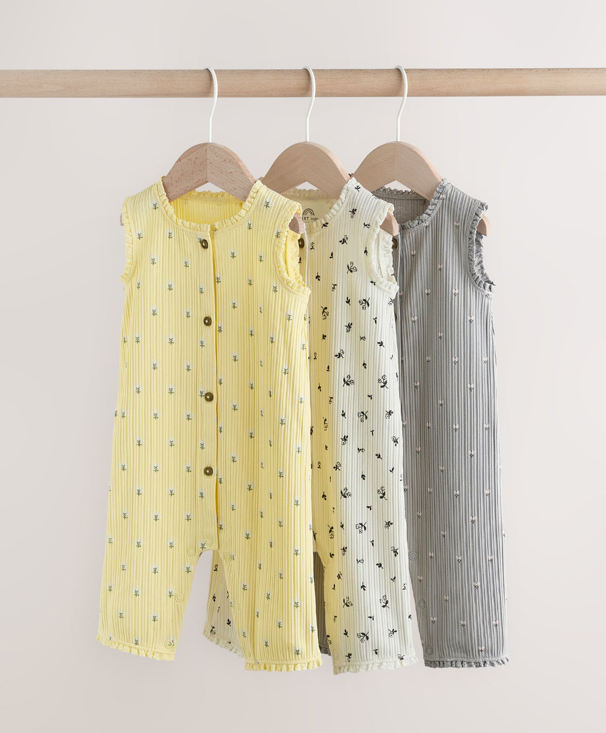 Monochrome Floral Rib Wide Leg
Jersey Baby Rompers 3 Pack
