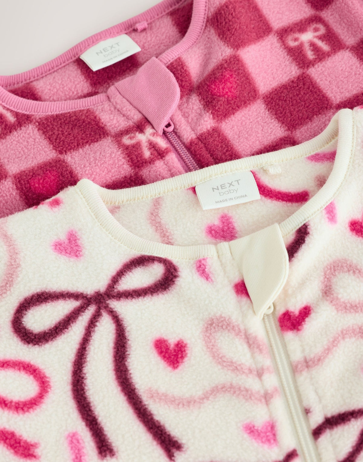 Pink/Red Bow Micro Fleece Two Way Zip Baby Sleepsuits 2 Pack