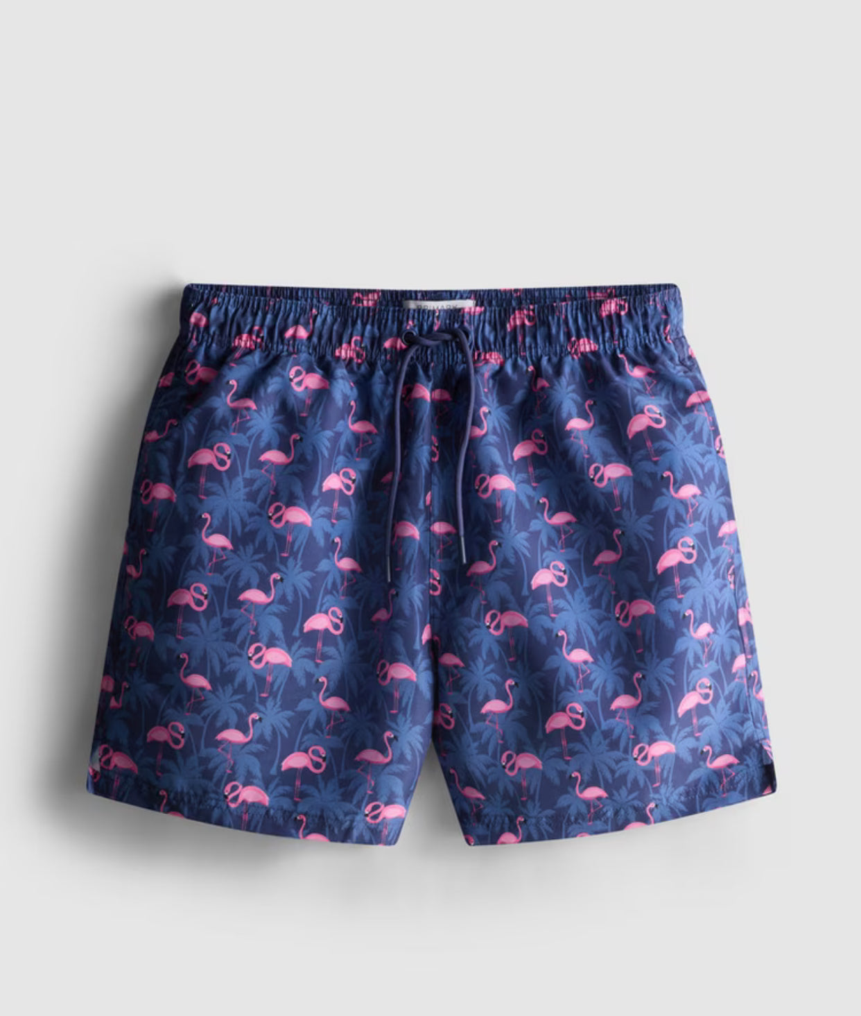 A pair of swimming shorts with flamingo palm design, mesh inner, and drawstring waistline
