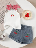 2 Pieces Baby Girl Set Cherry Halter Top And Denim Shorts Set