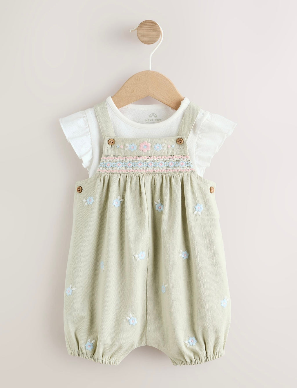 Sage Green Embroidered Baby Dungarees and Bodysuits Set 2 Piece