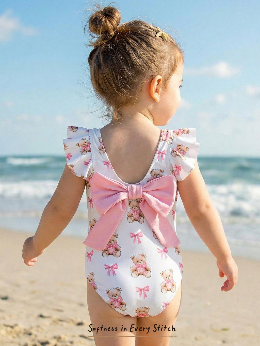 Baby Girls Bow & Bear Pattern Swimwear