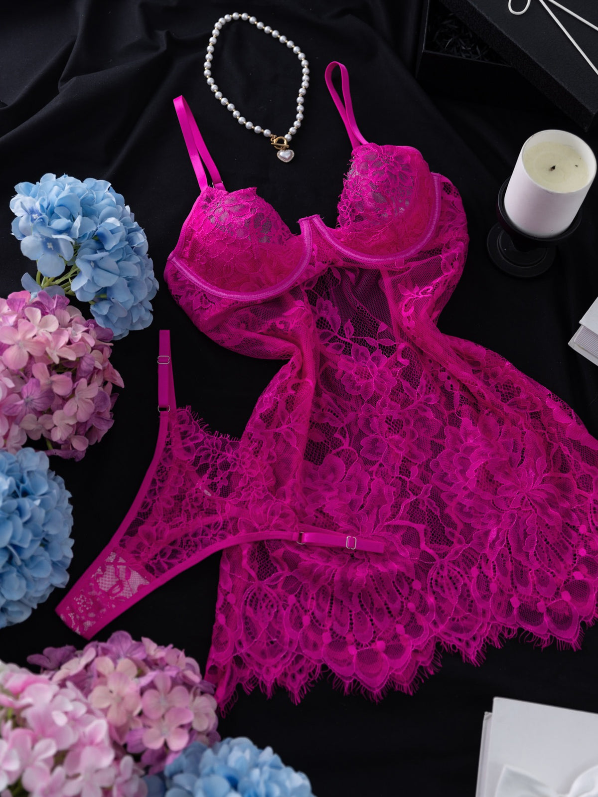 2pcs Lace Underwire Sheer Sexy Casual Nightgown Set